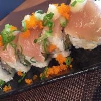Dr. Young J · Seared albacore, green onions, masago and garlic ponzu sauce on top with shrimp tempura, kra...