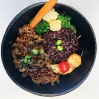 ~~Black rice BEEF Bowl~~ · Natural Black Rice Bowl with Soy sauce base-Marinated Beef, air baked cauliflower, steamed B...
