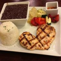 Chicken Plate · Grilled chicken breast serve along with white rice, black beans, grilled seasonal vegetables...