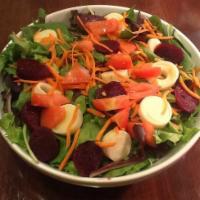 SDV Salad · Fresh mixed greens, hearts of palm, diced tomatoes, beets, shredded carrots, olive oil, and ...