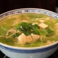 S3. Vegetable and Tofu Soup-Large · Clear soup with vegetables and tofu.