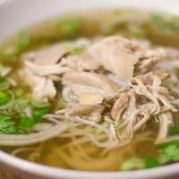 Chicken Noodle Soup · Rice noodle soup with chicken, bean sprout, garlic, scallion and cilantro.
