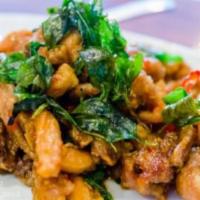 5. Crispy Chicken Basil · Crispy chicken sauteed with bell pepper, basil leaves and chili sauce. Medium spicy.