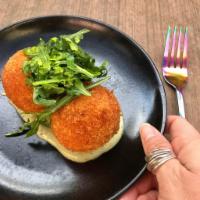 Balls · #LiveHappy - 2 deep-fried spinach & corn risotto balls, pesto aioli, greens dressed in tomat...