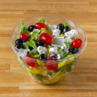 Greek Salad · Crisp romaine lettuce with cucumbers, tomatoes, red onion, pepperonccini, olives and feta ch...