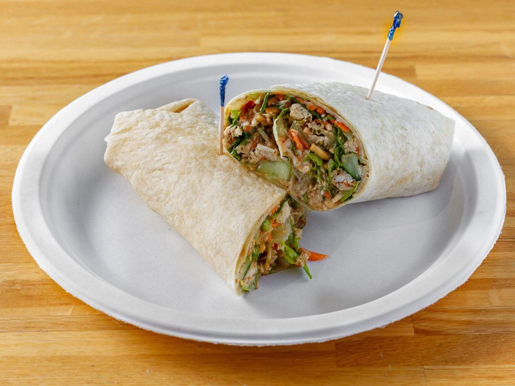 Zesty Asian Chicken Wrap · Pulled chicken breast, carrots, cucumbers, lettuce, crunchy chinese noodles and sesame ginger dressing with just a touch of hots.