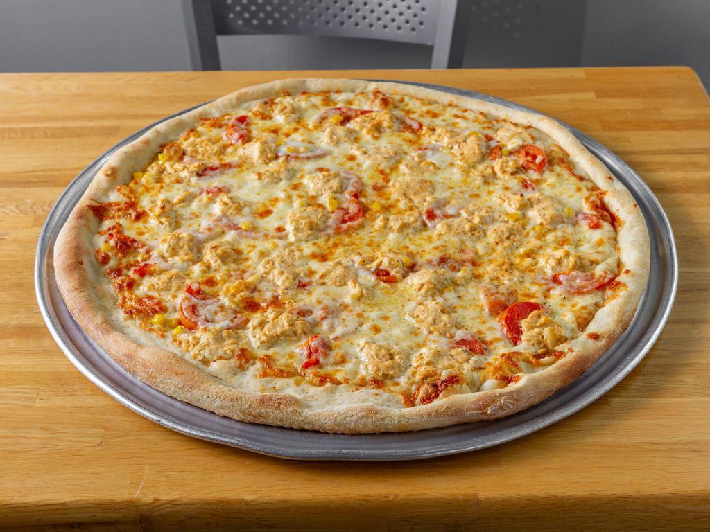Crab Dip Pizza · A maryland original! our creamy crab dip, sliced tomatoes, fresh corn and mozzarella with a sprinkle of old bay seasoning.