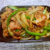 69. Pepper Steak with Onion · Stir fried steak with pepper and onion with brown sauce.