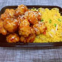 C22. Sesame Chicken Combination Platter · Hot and spicy.