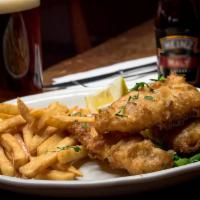Fish and Chips · Beer-battered fillet of cod and hand cut fries served with our house tartar sauce.