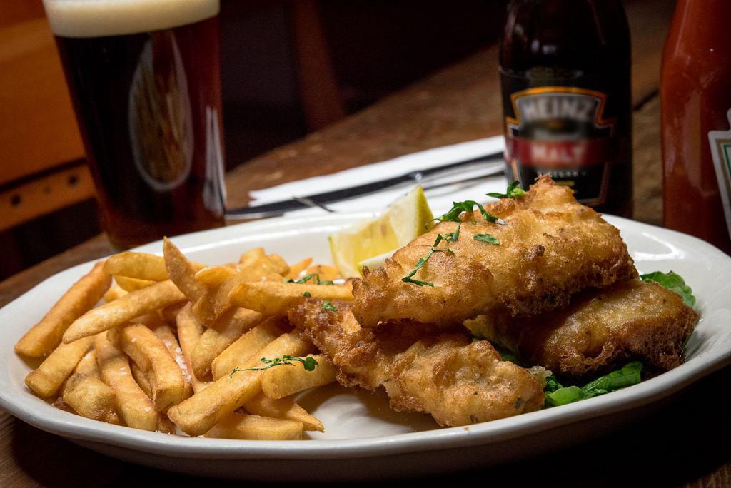 Fish and Chips · Beer-battered fillet of cod and hand cut fries served with our house tartar sauce.