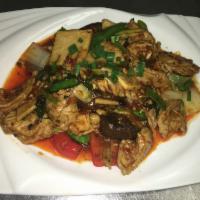 F13. Pork Intestines in Home Style 家常肥肠 · Spicy.