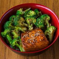 Teriyaki Salmon Bowl · Grilled Salmon steak, steam broccoli, Steam rice top with teriyaki sauce and sesame seeds