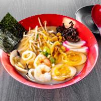 Seafood Ramen · Ramen noodle with shrimp, crab stick, fish cake, seasoned egg, and vegetables.