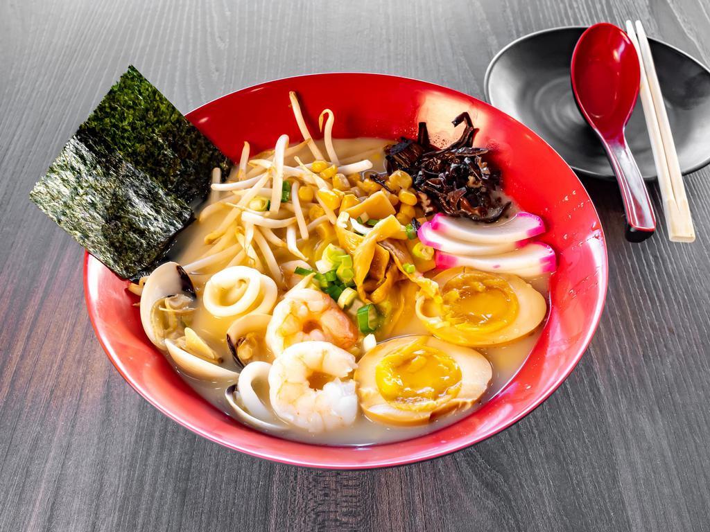 Seafood Ramen · Ramen noodle with shrimp, crab stick, fish cake, seasoned egg and vegetables