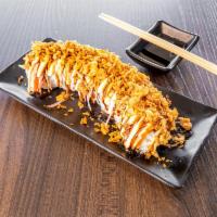 Crunch Roll · Avocado, cucumber, crab mix top with spicy mayonnaise, eel sauce, and crispy onion.
