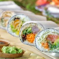 Sakura Burrito  · Rice, spring mix, raw salmon, raw spicy tuna, avocado, cucumber, masago, with poke sauce, an...