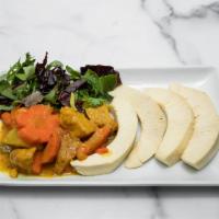 Curry Chicken Meal · With rice and peas, steamed vegetables. Gluten free. Vegan.