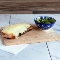 CROQUE MONSIEUR (served with green salad) · Bechamel sauce on toasted bread, mozzarella cheese, French ham