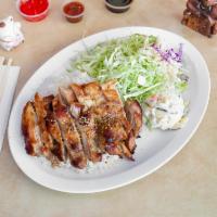 Teriyaki Chicken Special · Served with rice, cabbage chicken salad, and potato-macaroni salad.