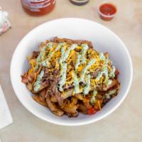 Island Fries · Stir-fried Angus Beef with onions, tomatoes, parsley, shredded cheese, and topped with our h...