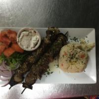 Beef Souvlaki Platter · 2 skewers of grilled beef and onions. Served with choice of sides.