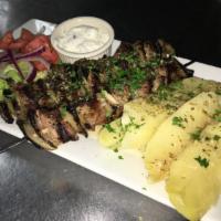 Pork Souvlaki Platter · 2 skewers of grilled pork and onions. Served with choice of sides.