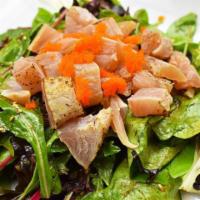 Seared Albacore Tuna Salad · Spring mix, seared albacore tuna, cucumber, and avocado with ponze dressing.