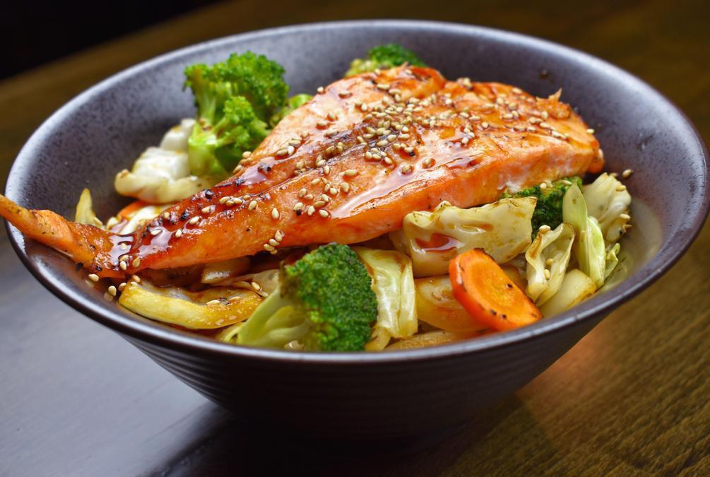 Salmon Teriyaki · Grilled salmon, stir-fry vegetables, rice, and teriyaki sauce.