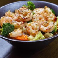 Shrimp Teriyaki · Grilled shrimp, stir-fry vegetables, rice, and teriyaki sauce.