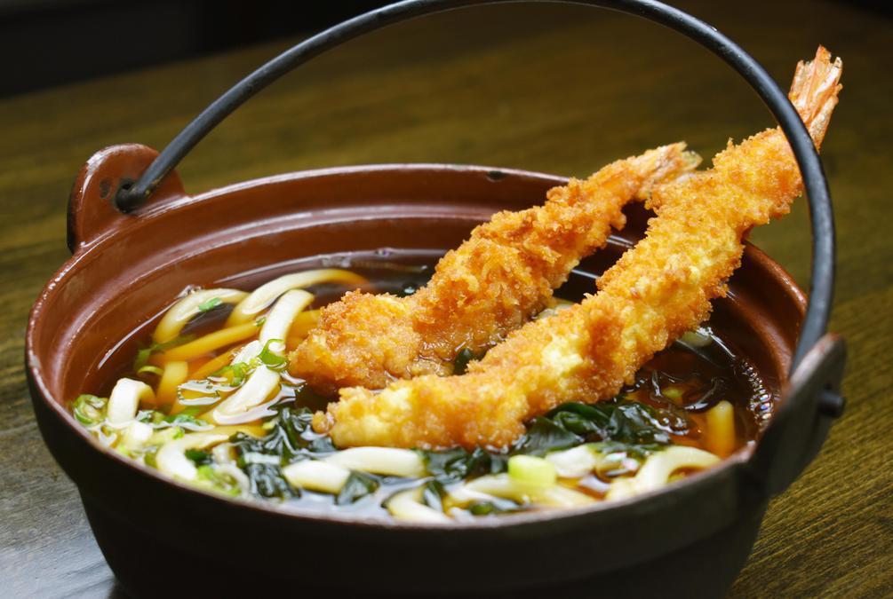 Shrimp Tempura Udon · Japanese traditional noodle soup with shrimp tempura.