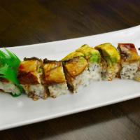 Dragon Roll · California roll topped with fresh eel, avocado, and eel sauce.