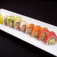 Rainbow Roll · California roll topped with salmon, tuna, white fish, shrimp, and avocado.