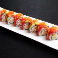 Toyota Roll · Shrimp tempura, crab meat, topped with tuna, avocado, masago, and spicy mayo.