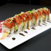 Akaya’s Favorite Roll · In shrimp tempura, spicy crabmeat, and avocado and out spicy tuna, green onion, hot sauce, a...