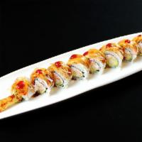 Temptation Roll · Crab stick, 4 special sauce on top of shrimp tempura, crab meat, and cream cheese. Hot.