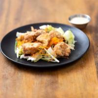 Chicken Karaage · Homemade tartar sauce, field greens, and lemon chips.