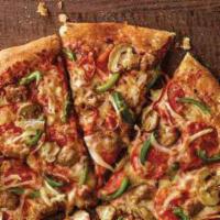 Deluxe Pizza (12'' Medium) · Pepperoni, Italian sausage, mushrooms, green peppers, onions, our original sauce, and signat...
