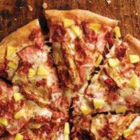 Medium Hawaiian Chicken Pizza  · 8 slices. Ham, grilled chicken, bacon, pineapple, our signature sauce and three-cheese blend.