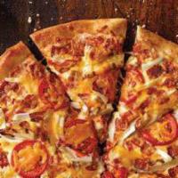 Medium Chicken Fresco Pizza  · 8 slices. Grilled chicken, bacon, onions, sliced tomatoes, our signature sauce and three-che...