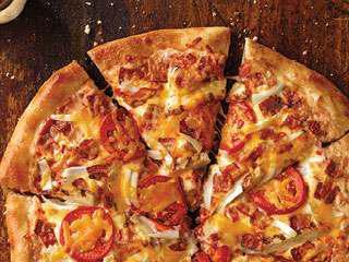 Chicken Fresco Pizza · Grilled chicken, bacon, onions, sliced tomatoes, our signature sauce
and three-cheese blend and plus cheddar.