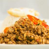 Kow Rad Ka-Pow Gai · Stir-fried minced chicken with bell peppers, basil leaves. Served with jasmine rice.