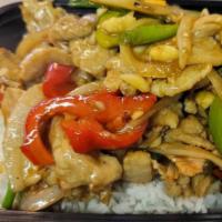 Moo Pad Prik Over Rice  · Stir-fried pork with onions, bell pepper and scallions in Thai spicy garlic sauce over rice.