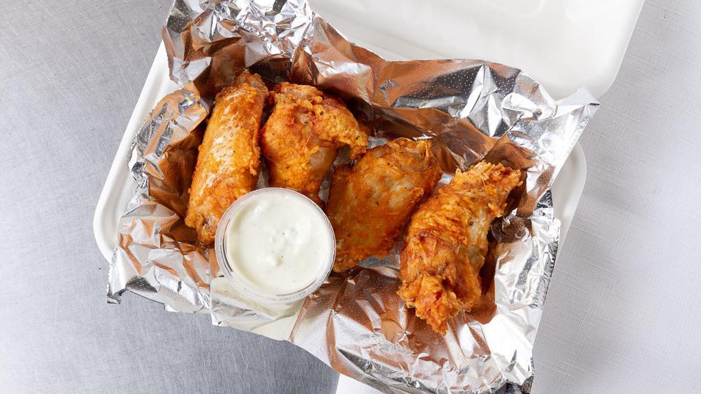 10 buffalo wings · 10 wings with a choice of plain, hot, mild, bbq, honeybbq, asian zing, mumbo, garlic permasan,or lemon pepper.
 A side of Ranch or Blue cheese on the side plz specify  in the comment section