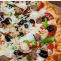 Supreme Pizza · Pepperoni, sausage bacon, ham, green peppers, onion, mushrooms, black olives, tomatoes and j...