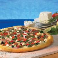 Greek Pizza · Feta cheese with tzatziki sauce, spinach, onions, black olives, tomatoes and gyro meat. Serv...