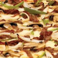 Cheese Steak Pizza · Green peppers, mushrooms, onions and steak.
