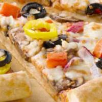DC veggie pizza · Fresh Tomato, Red Onion, Banana Peppers, Mushroom, Black olives and our special 3 blended mo...