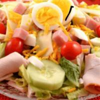 Chef Salad · Lettuce, tomatoes, green peppers, red onions, cucumbers, black olives, ham, sliced turkey br...