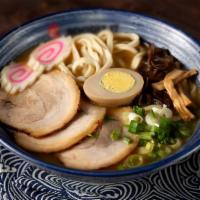Japanese Style Miso Noodle · Cha-shu pork served with bamboo shoots, dried seaweed, black mushrooms, fish cake, egg and g...